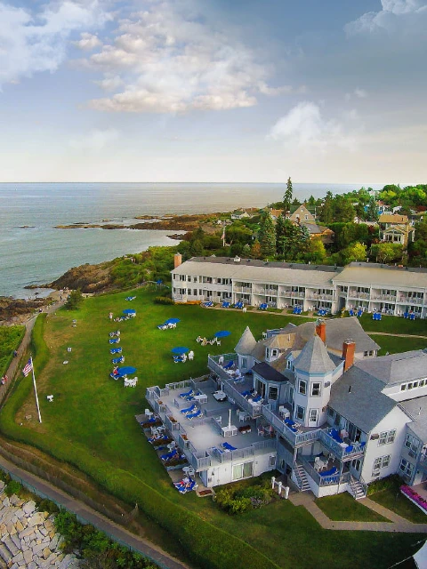 Aerial view of the Beachmere inn and the coast